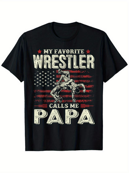 Men's Graphic T-Shirt My Favorite Wrestler Calls Me Papa Vintage Flag Bold Design Wrestler