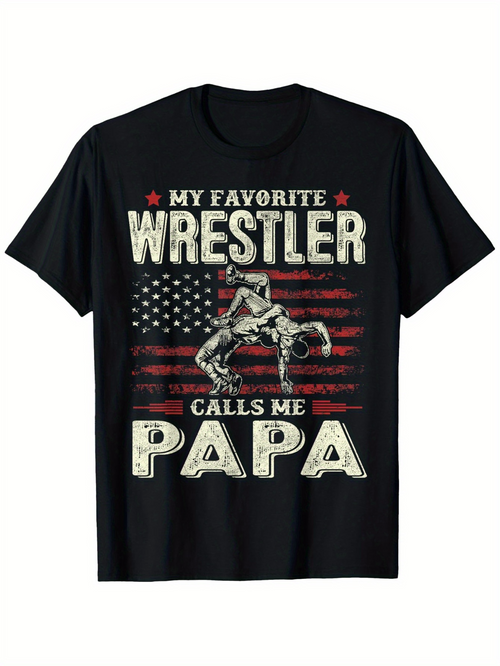 Men's Graphic T-Shirt My Favorite Wrestler Calls Me Papa Vintage Flag Bold Design Wrestler