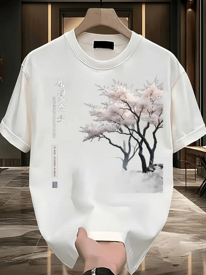 Men's Graphic T-Shirt Delicate Pink Blossoms With Ink Wash Tree Silhouette Under Calm Skies Tree