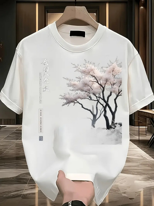 Men's Graphic T-Shirt Delicate Pink Blossoms With Ink Wash Tree Silhouette Under Calm Skies Tree