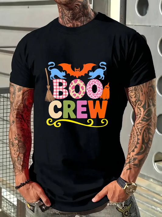 Men's Graphic T-Shirt Boo Crew Colorful Halloween Symbols With Spooky Bat Witch Broom Cat