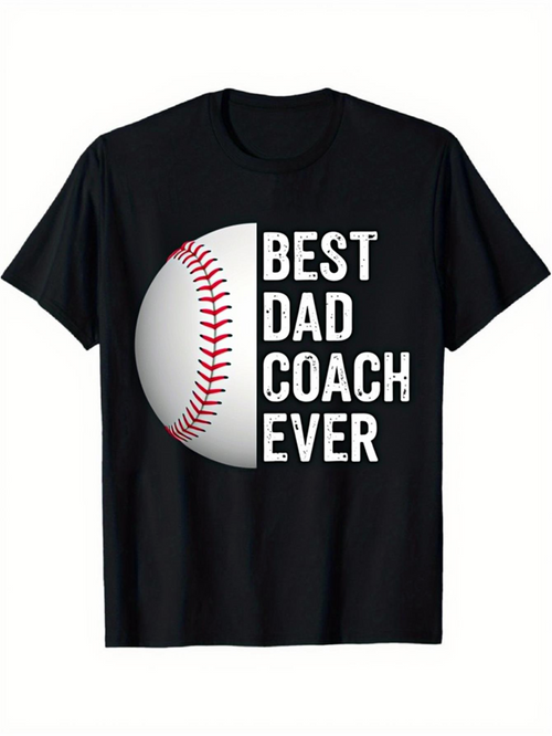 Men's Graphic T-Shirt Best Dad Coach Ever Large Baseball Print On Black T Shirt