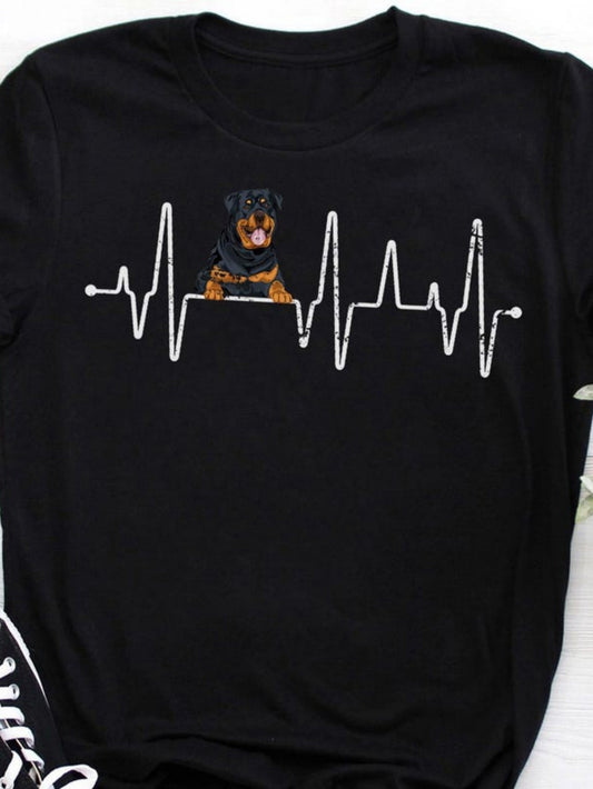 Men's Graphic T-Shirt Heartbeat Line With Playful Rottweiler Sitting In Center