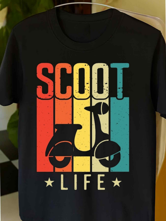 Men's Graphic T-Shirt Scoot Life Retro Stripes With Vintage Scooter Among Colorful Bars Scooter