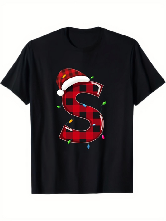 Men's Graphic T-Shirt Plaid Pattern Letter S With Christmas Hat Decorated With Holiday Lights