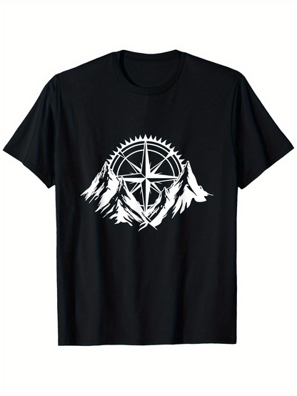 Men's Graphic T-Shirt Snowcapped Mountain Peaks With Bicycle Gear Wheel Among Wilderness Mountains