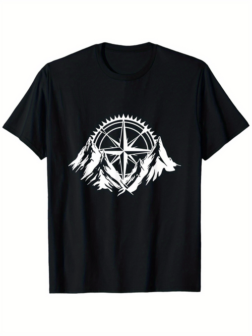 Men's Graphic T-Shirt Snowcapped Mountain Peaks With Bicycle Gear Wheel Among Wilderness Mountains