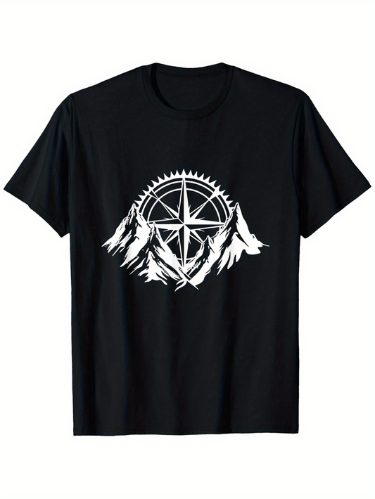 Men's Graphic T-Shirt Snowcapped Mountain Peaks With Bicycle Gear Wheel Among Wilderness Mountains
