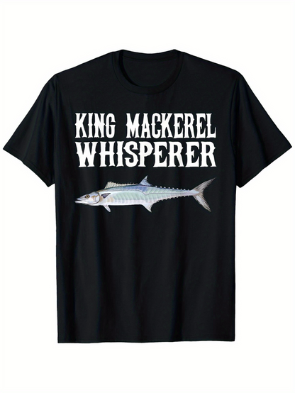 Men's Graphic T-Shirt King Mackerel Whisperer Large Silver Fish With Realistic Silvery Fins On Black Shirt Mackerel