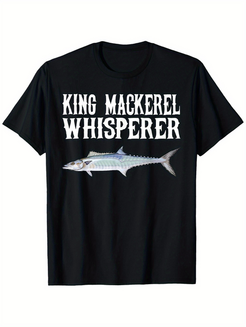 Men's Graphic T-Shirt King Mackerel Whisperer Large Silver Fish With Realistic Silvery Fins On Black Shirt Mackerel
