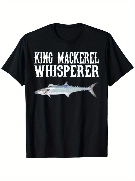 Men's Graphic T-Shirt King Mackerel Whisperer Large Silver Fish With Realistic Silvery Fins On Black Shirt Mackerel