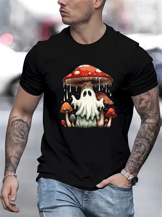 Men's Graphic T-Shirt Dripping Psychedelic Forest Mushrooms With Playful Cartoon Ghost