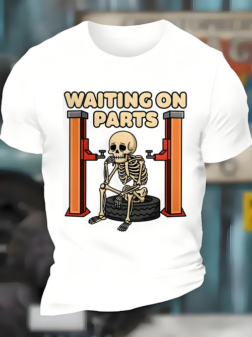 Men's Graphic T-Shirt Waiting On Parts Skeleton Sitting Under Garage Lift Parts