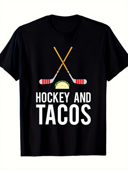 Men's Graphic T-Shirt Hockey And Tacos Crossed Sticks With Delicious Cheesy Taco Centered Graphic