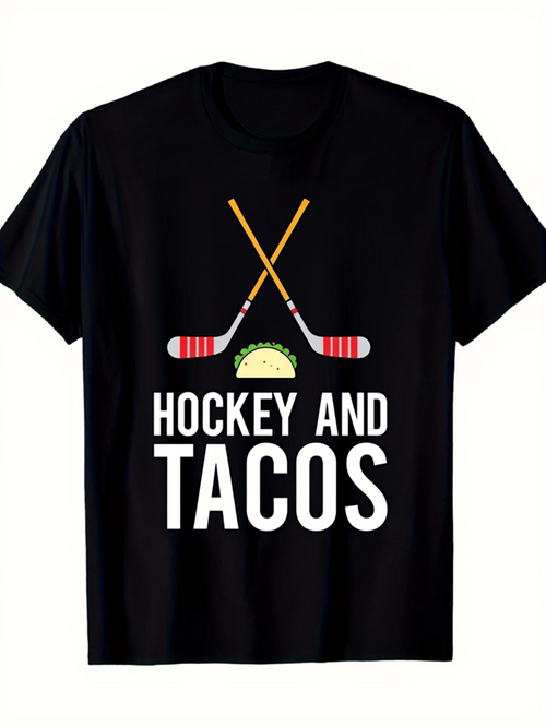 Men's Graphic T-Shirt Hockey And Tacos Crossed Sticks With Delicious Cheesy Taco Centered Graphic