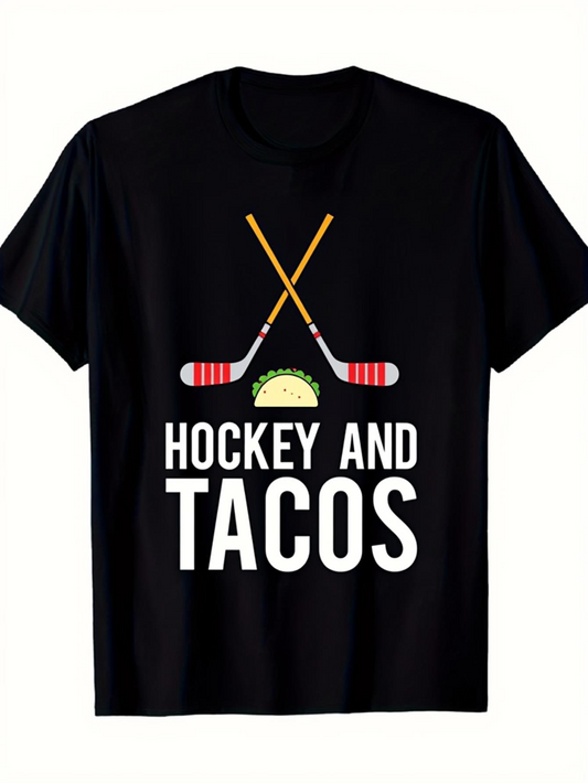Men's Graphic T-Shirt Hockey And Tacos Crossed Sticks With Delicious Cheesy Taco Centered Graphic