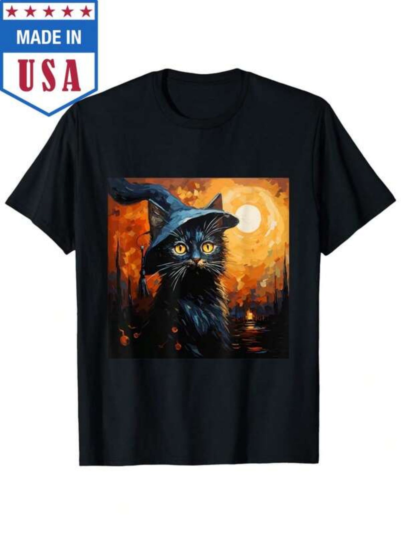 Men's Graphic T-Shirt Glowing Full Moon With Mysterious Hat Wearing Black Cat
