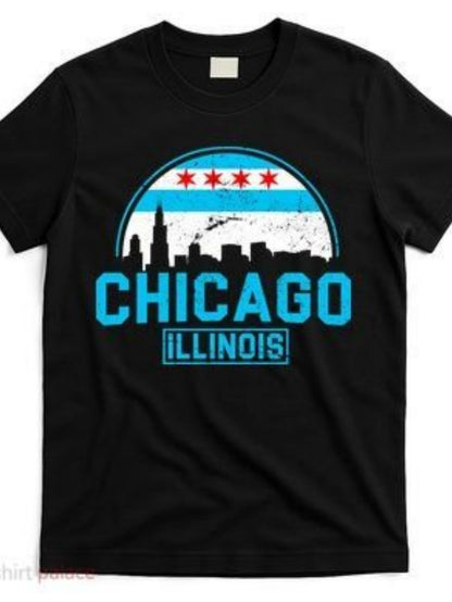 Men's Graphic T-Shirt Chicago Illinois Blue Skyline With Stars And City Silhouette