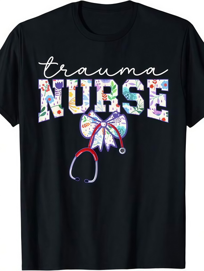 Men's Graphic T-Shirt Trauma Nurse Colorful Patterned Letters With Stethoscope And Bow Graphic
