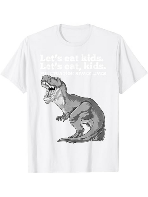 Men's Graphic T-Shirt Lets Eat Kids Funny Punctuation With Roaring Dinosaur Illustration