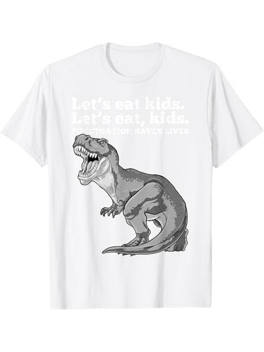 Men's Graphic T-Shirt Lets Eat Kids Funny Punctuation With Roaring Dinosaur Illustration