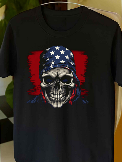 Men's Graphic T-Shirt Patriotic Stars And Stripes Bandana Skull With Red Brush Strokes