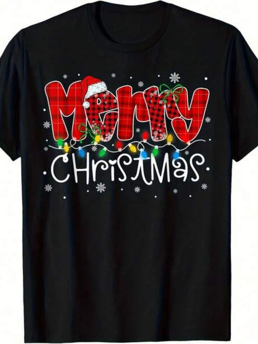 Men's Graphic T-Shirt Merry Christmas Red Plaid Lettering With Santa Hat And Festive Lights Christmas