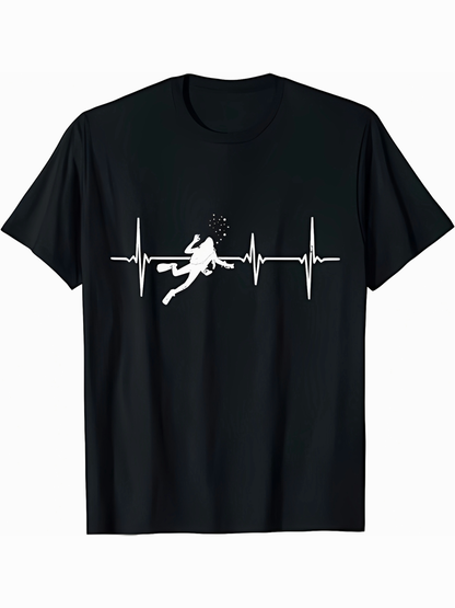 Men's Graphic T-Shirt Heartbeat Line With Diver Surrounded By Air Bubbles Underwater Adventure