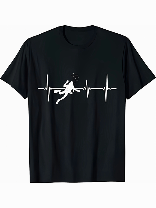 Men's Graphic T-Shirt Heartbeat Line With Diver Surrounded By Air Bubbles Underwater Adventure