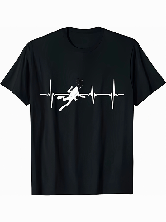 Men's Graphic T-Shirt Heartbeat Line With Diver Surrounded By Air Bubbles Underwater Adventure