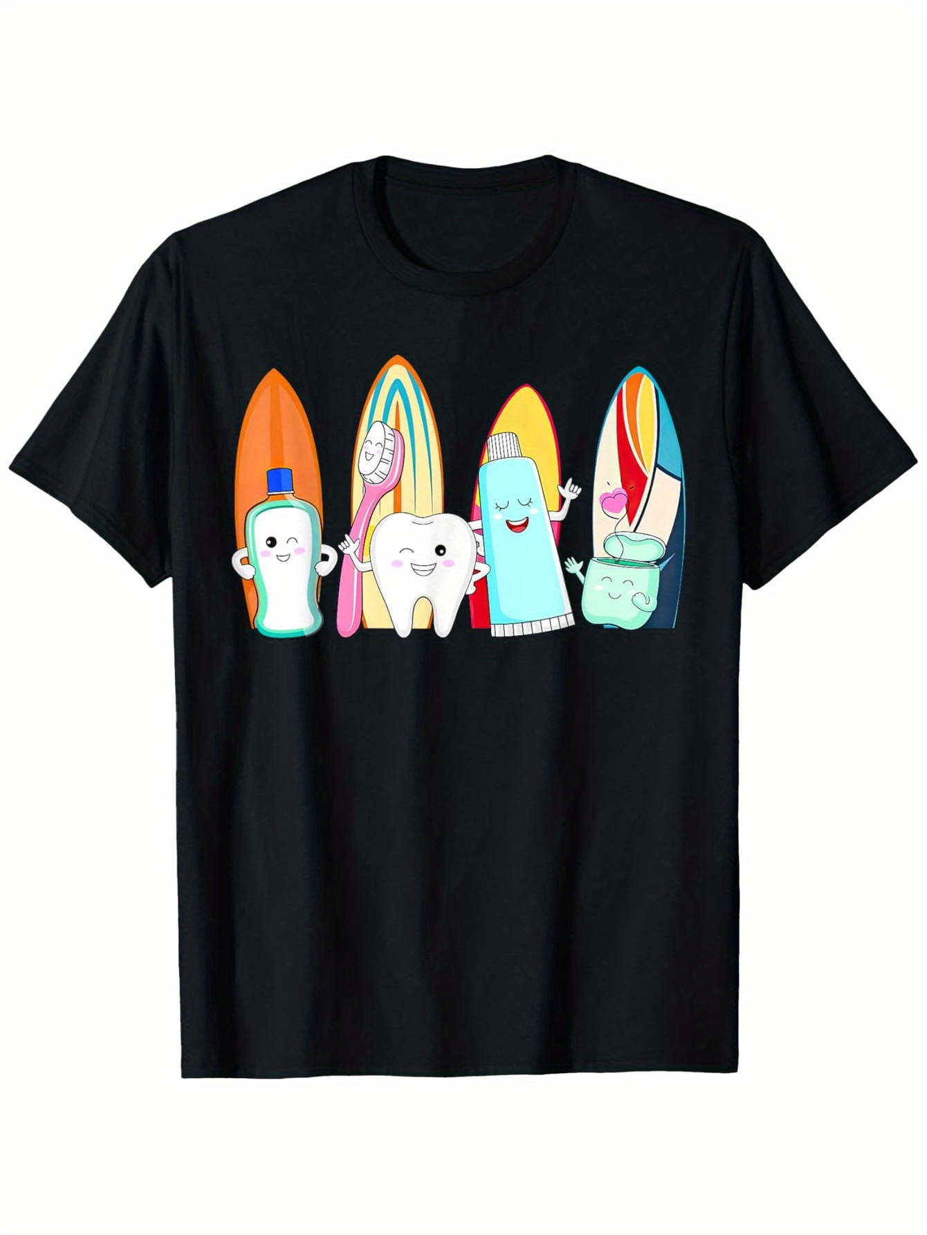Men's Graphic T-Shirt Colorful Surfer Beach With Happy Toothpaste And Tooth Characters