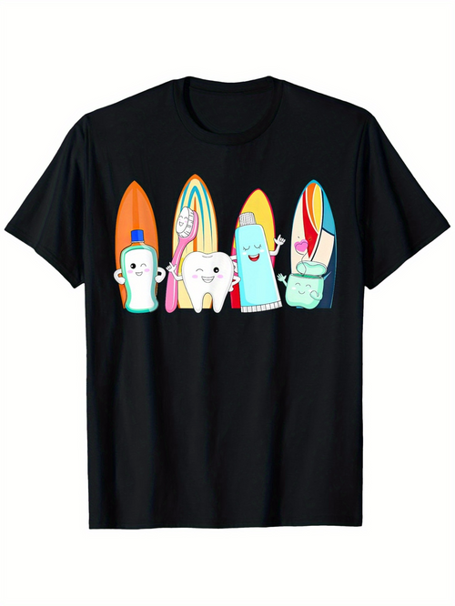 Men's Graphic T-Shirt Colorful Surfer Beach With Happy Toothpaste And Tooth Characters