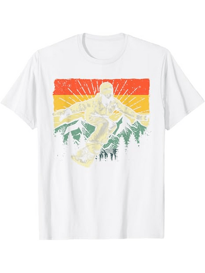 Men's Graphic T-Shirt Retro Sunset Forest With Mysterious Creature Surfing Over Pine Trees