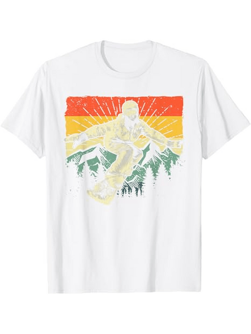 Men's Graphic T-Shirt Retro Sunset Forest With Mysterious Creature Surfing Over Pine Trees