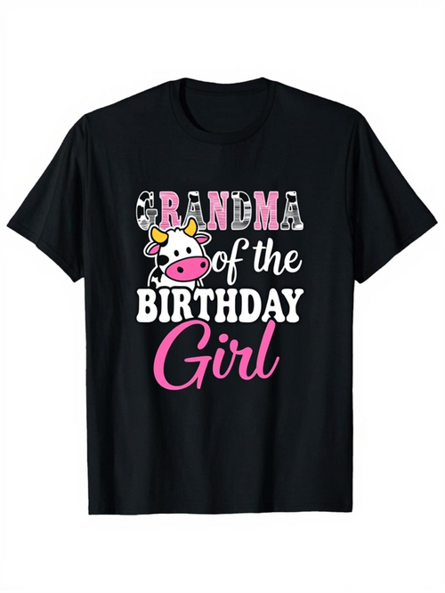 Men's Graphic T-Shirt Grandma Of The Birthday Girl With Pink Cartoon Cow Print Lettering
