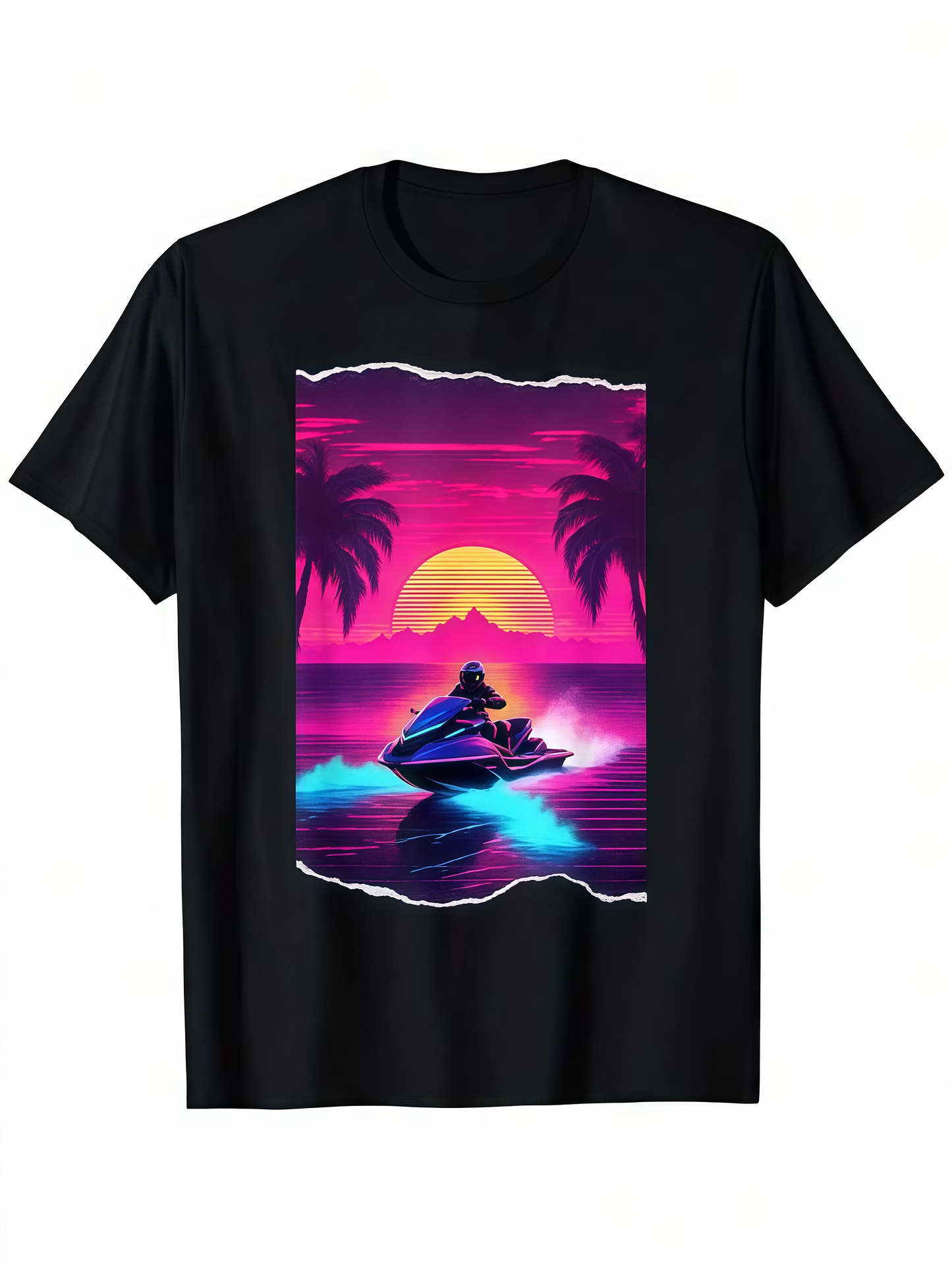 Men's Graphic T-Shirt Neon Sunset With Palm Trees Reflected Over Shimmering Water Jet Ski