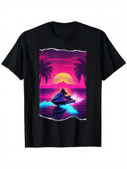 Men's Graphic T-Shirt Neon Sunset With Palm Trees Reflected Over Shimmering Water Jet Ski