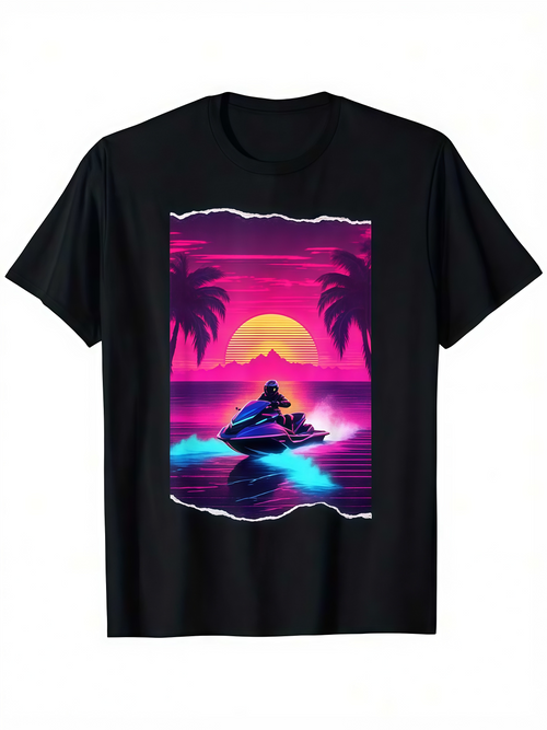 Men's Graphic T-Shirt Neon Sunset With Palm Trees Reflected Over Shimmering Water Jet Ski