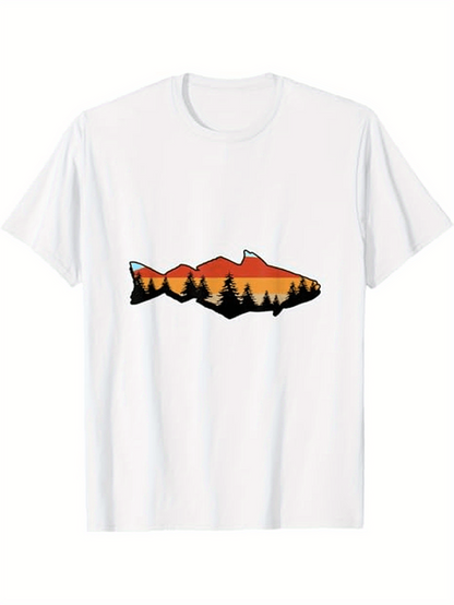 Men's Graphic T-Shirt Sunset Silhouette Pines Reflected In Lake Trout Fish