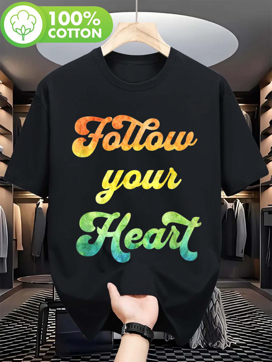 Men's Graphic T-Shirt Follow Your Heart Gradient Artistic Calligraphy On Black Shirt Heart