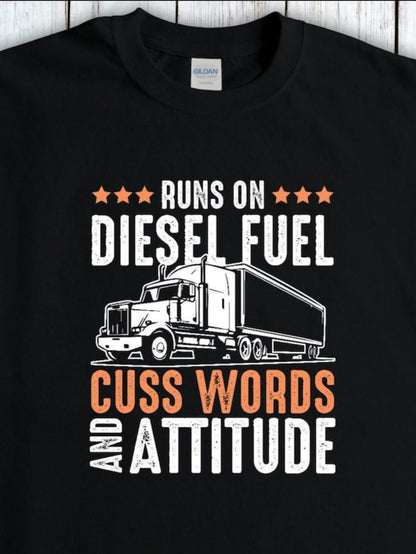 Men's Graphic T-Shirt Runs On Diesel Fuel With Bold Star Graphics Next To Powerful Truck