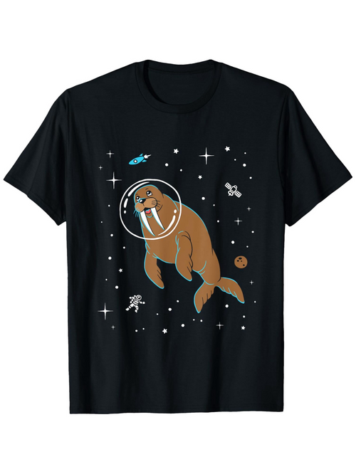 Men's Graphic T-Shirt Floating Among Stars With Planets And Astronauts Space Walrus