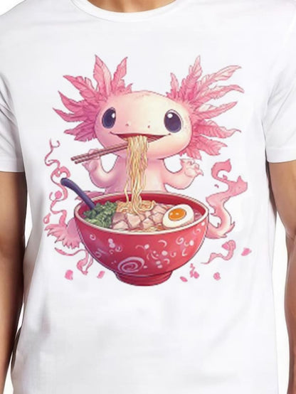 Women's Graphic T-Shirt Pink Axolotl With Cute Expression Savoring Noodles Over Decorative Ramen Bowl