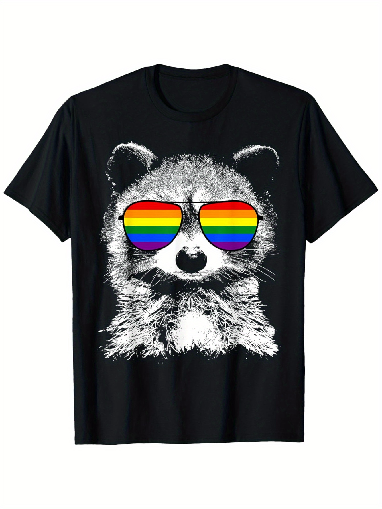 Men's Graphic T-Shirt Retro Rainbow Sunglasses With Furry Detailed Drawing Of Playful Raccoon