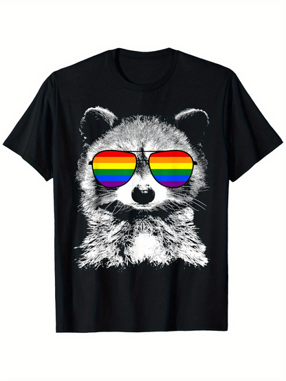 Men's Graphic T-Shirt Retro Rainbow Sunglasses With Furry Detailed Drawing Of Playful Raccoon