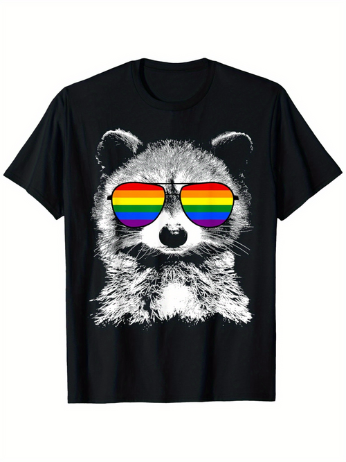 Men's Graphic T-Shirt Retro Rainbow Sunglasses With Furry Detailed Drawing Of Playful Raccoon