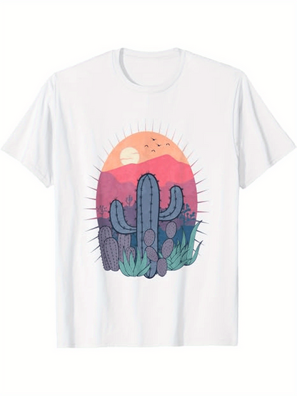 Men's Graphic T-Shirt Colorful Desert Sunset With Cacti Greenery And Warm Red Sky Cactus