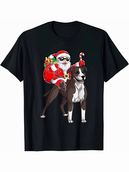 Men's Graphic T-Shirt Christmas Santa Claus With Candy Cane Bag Riding Happy Dog