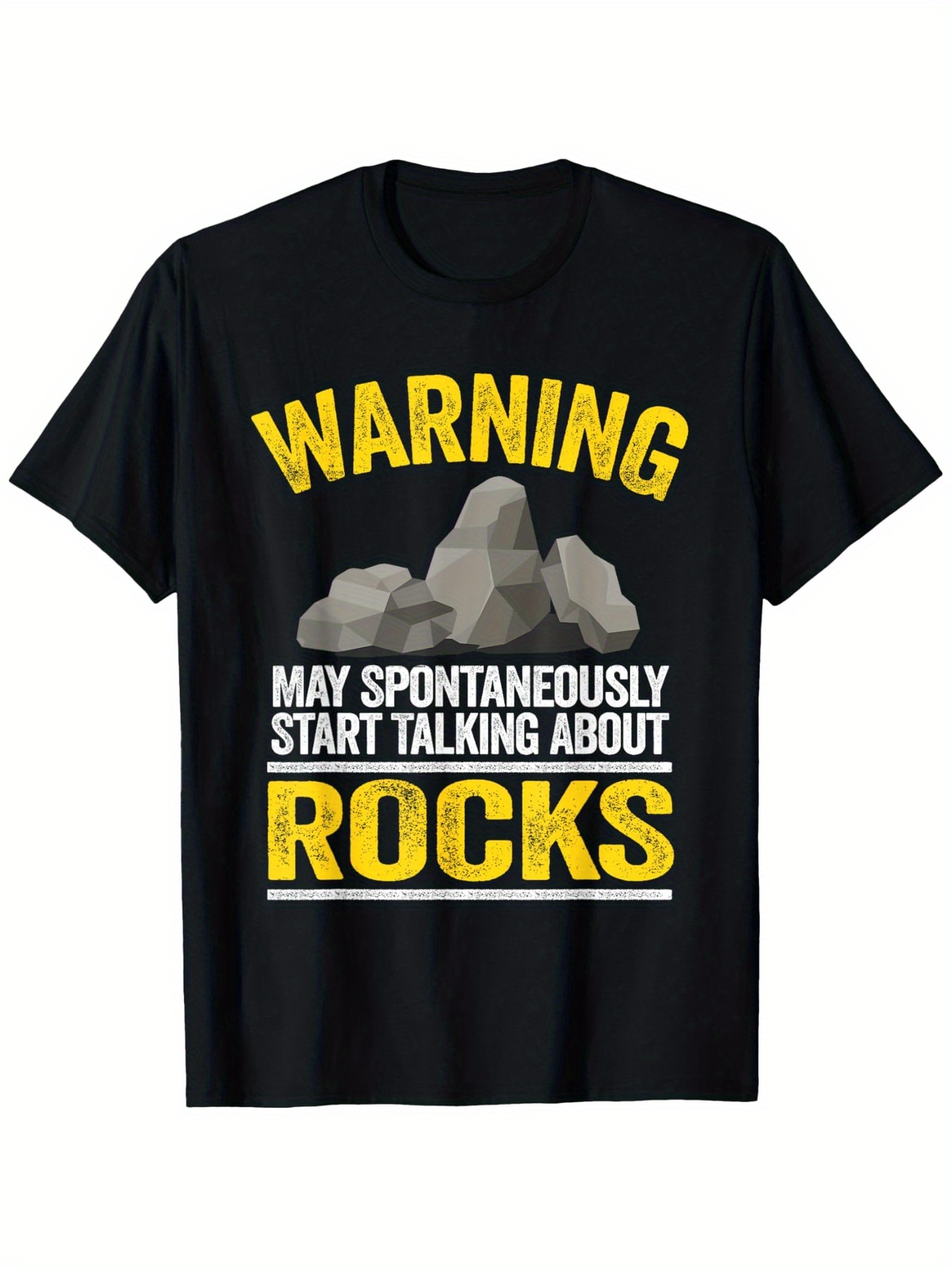 Men's Graphic T-Shirt Warning Bold Yellow Letters With Cartoon Stones And Gray Rocks