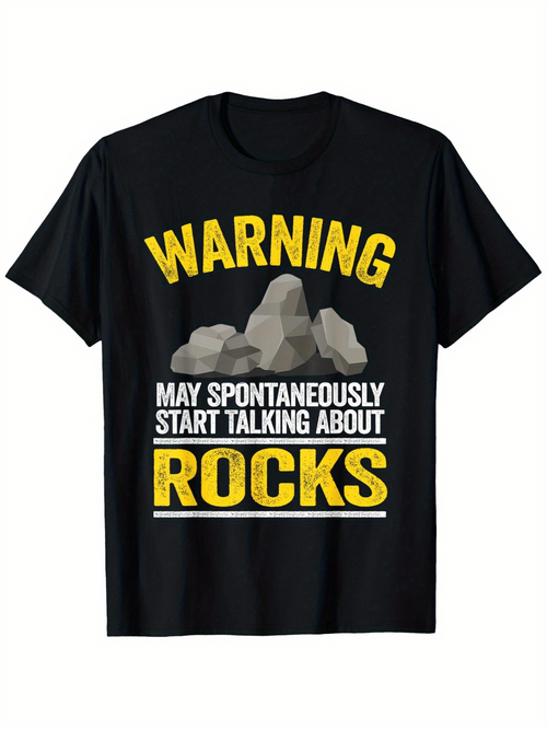 Men's Graphic T-Shirt Warning Bold Yellow Letters With Cartoon Stones And Gray Rocks